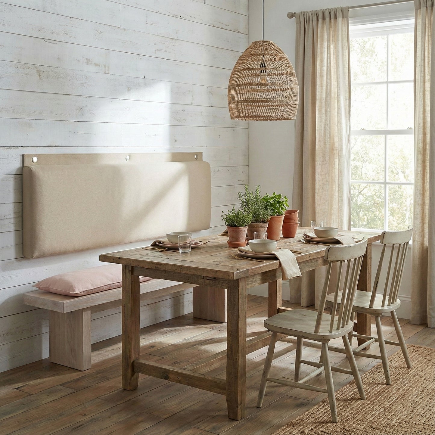 Rechteckiges, gepolstertes Wandkissen in Beige aus Stoff, das mit drei runden silbernen Metallkappen als bequeme Rückenlehne über einer hölzernen Schuhbank im Eingangsbereich an der Wand montiert ist.